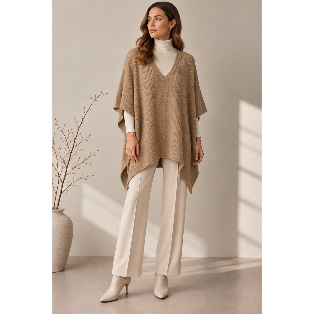 Halogen Camel Cashmere Ribbed Knit Poncho, OS Old Money